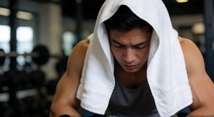 es mejor correr antes o despues de hacer fuerza, Atleta descansando y sudado después de una sesión intensa de entrenamiento combinado