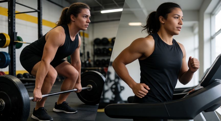 es mejor correr antes o despues de hacer pesas, Deportista eligiendo entre levantar pesas y correr en el gimnasio