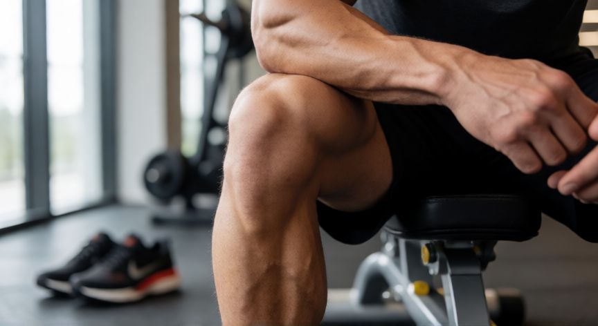 es mejor correr antes o despues de hacer pesas, Detalle de musculatura definida en gimnasio con calzado deportivo