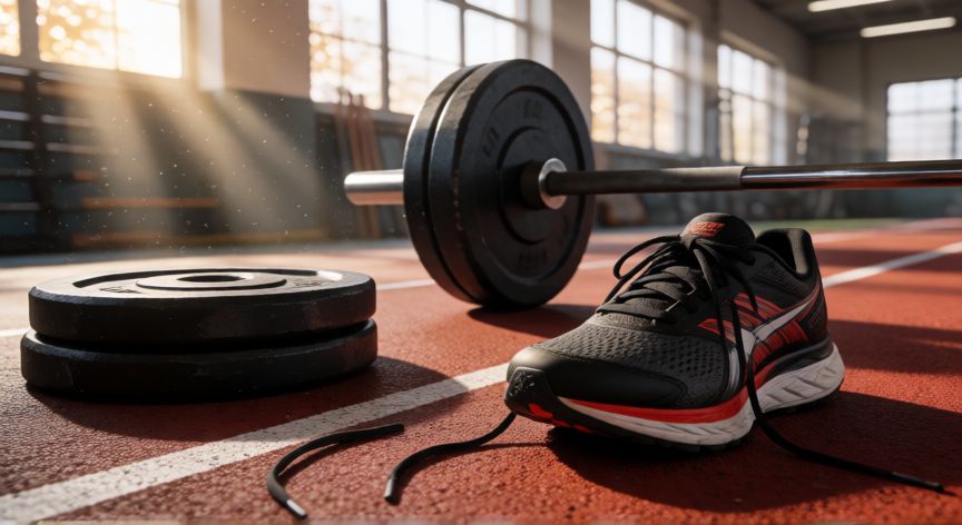 es mejor correr antes o después de las pesas, Zapatilla de correr y discos de pesas en el suelo del gimnasio