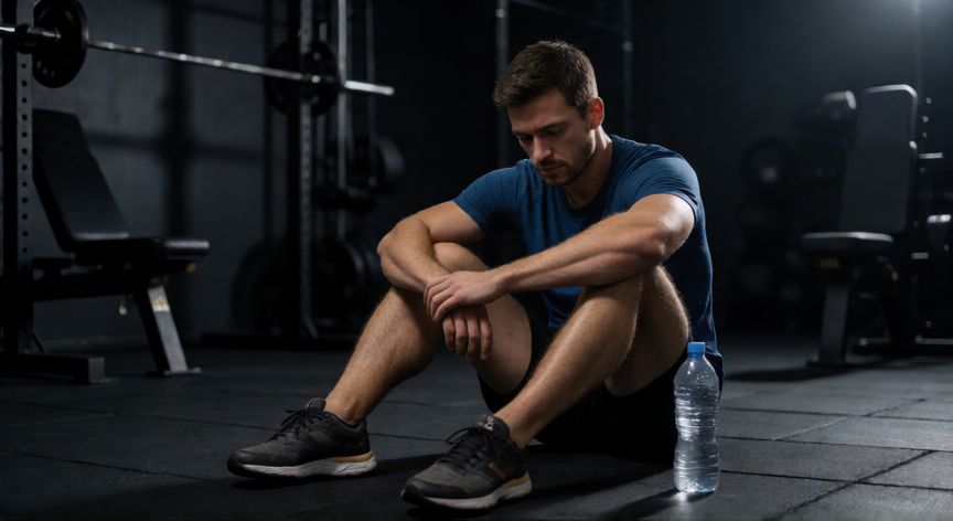 es mejor correr antes o despues del gym, Corredor descansando en el suelo del gimnasio después de entrenar