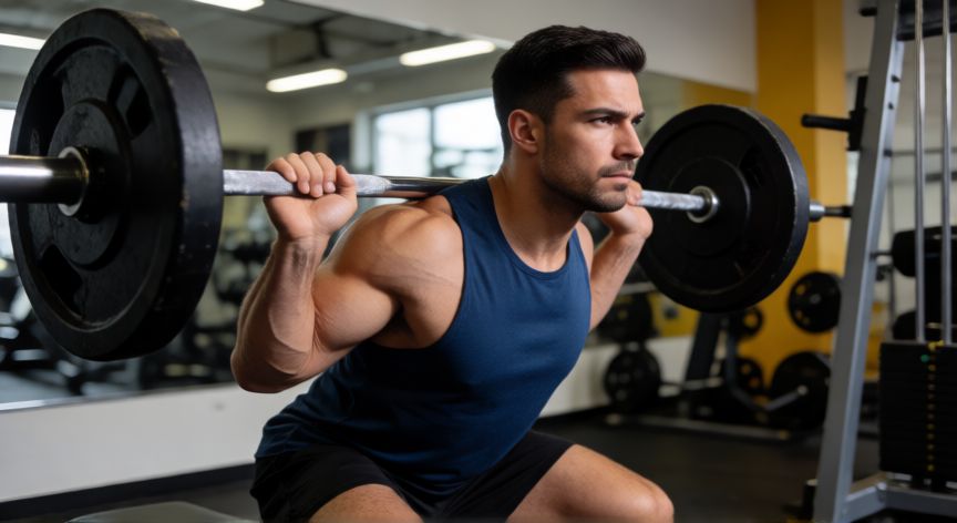es mejor correr antes o despues del gym, Hombre haciendo sentadillas con barra libre en el gimnasio