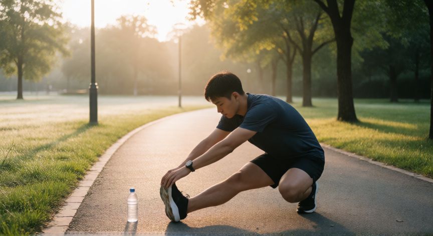 es mejor correr con el estomago vacio, Hombre estirando antes de correr por la mañana en un parque tranquilo