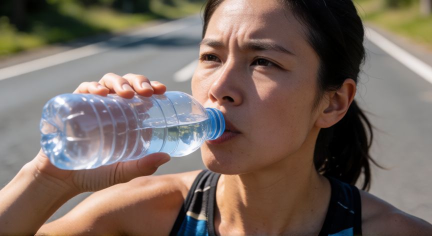 es mejor correr con el estomago vacio, Corredor hidratándose durante una pausa en su entrenamiento