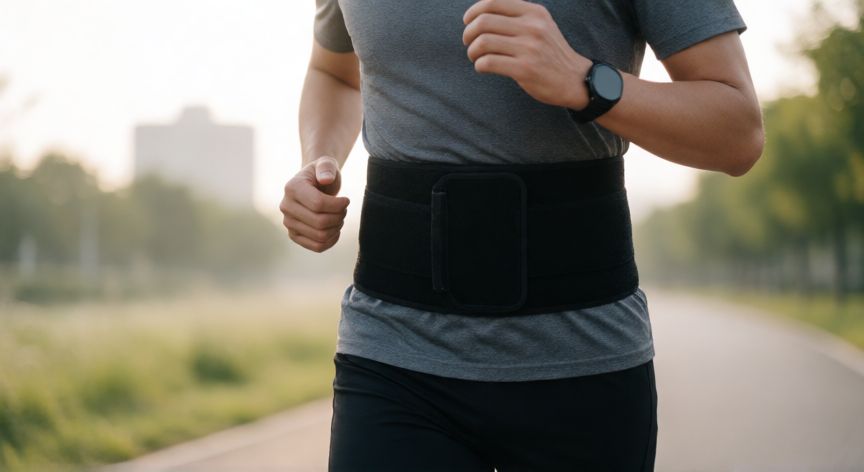 es mejor correr con faja o sin faja, Corredor con faja de compresión en la zona abdominal durante una carrera matinal