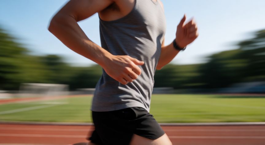es mejor correr con faja o sin faja, Detalle de un corredor sin faja mostrando buena postura y musculatura abdominal activa en la pista