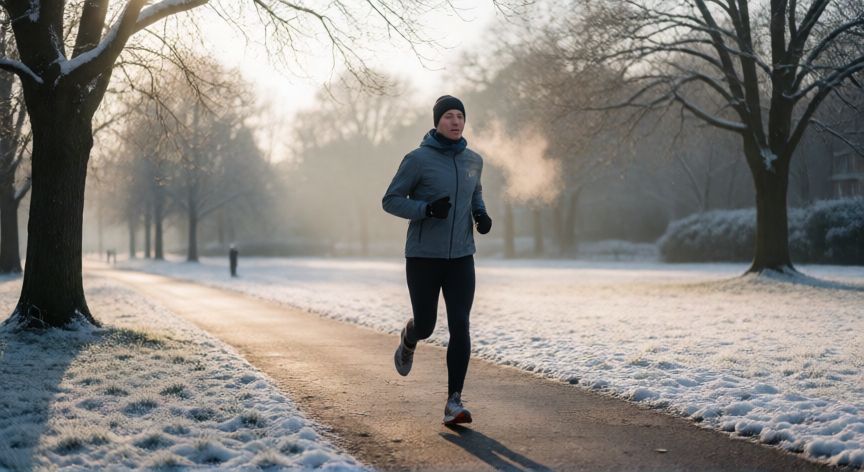 es mejor correr con frio o calor, Corredor entrenando con frío en un parque nevado por la mañana