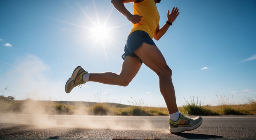 es mejor correr con frio o calor, Atleta corriendo con calor intenso en una carretera asfaltada bajo el sol