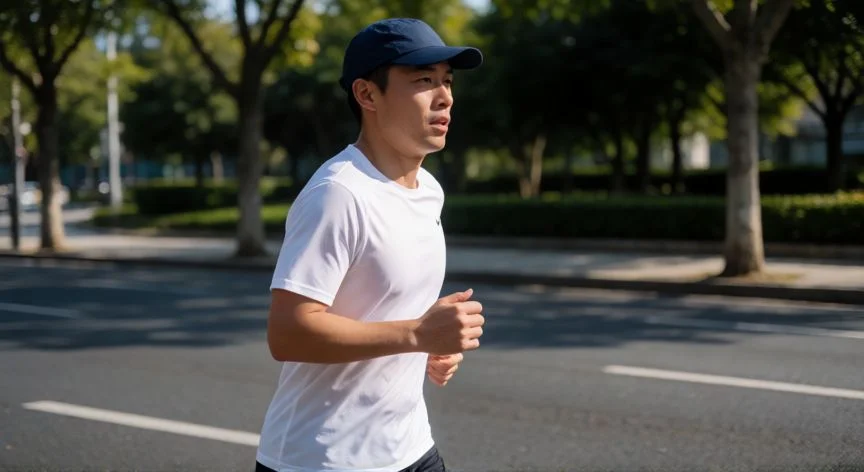 Corredor usando gorra técnica en un día soleado
