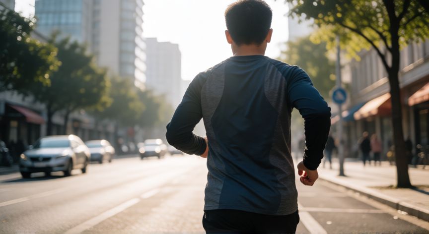 es mejor correr con las manos abiertas o cerradas, Corredor con buena postura corporal y hombros relajados corriendo por la ciudad