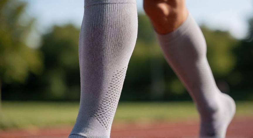es mejor correr con medias largas o cortas, Detalle de medias largas técnicas para correr mostrando compresión en la pantorrilla