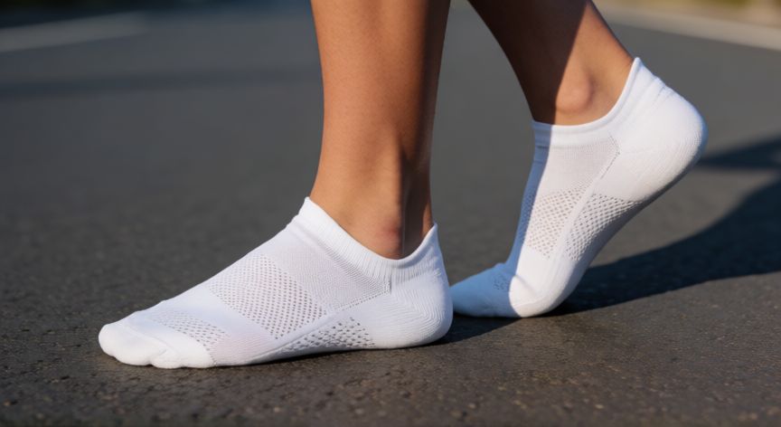 es mejor correr con medias largas o cortas, Ranura de tobillo con medias cortas técnicas blancas y zapatillas de correr en asfalto
