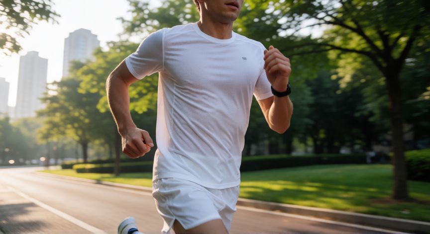 es mejor correr con o sin camiseta, Corredor masculino usando camiseta técnica blanca en un parque urbano