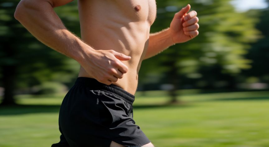 es mejor correr con o sin camiseta, Primer plano del torso de un corredor sin camiseta en movimiento al aire libre