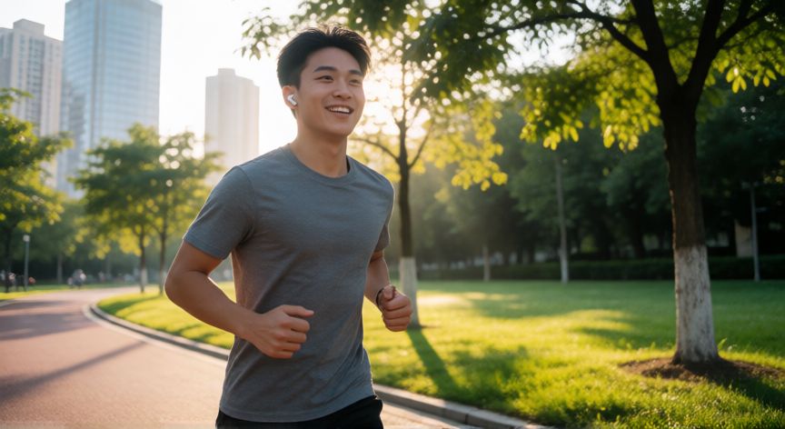 es mejor correr con o sin musica, Corredor con música en auriculares por un parque urbano