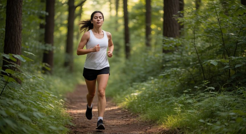 es mejor correr con o sin musica, Corredor concentrado sin música en un sendero forestal