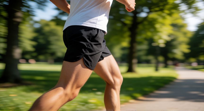 es mejor correr con pantalon corto o largo, Corredor con pantalón corto en un parque soleado mostrando libertad de movimiento