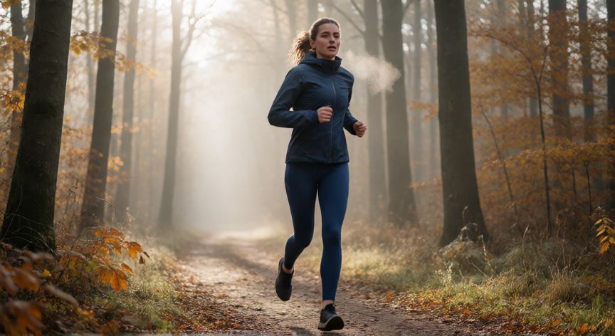 es mejor correr con pantalon corto o largo, Corredora con pantalón largo en un sendero de bosque frío protegiendo sus piernas