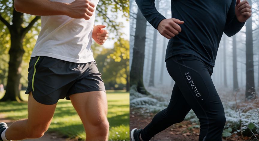 es mejor correr con short o pants, Comparativa visual de corredor con shorts en verano y con pants en invierno