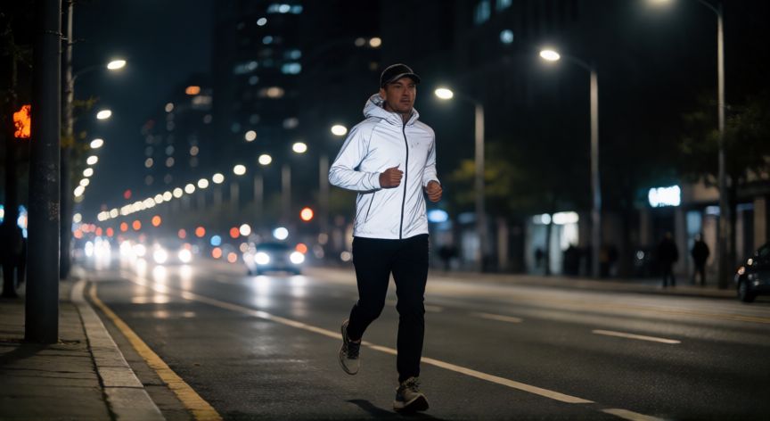 es mejor correr de dia o de noche, Persona corriendo de noche en la ciudad con ropa reflectante