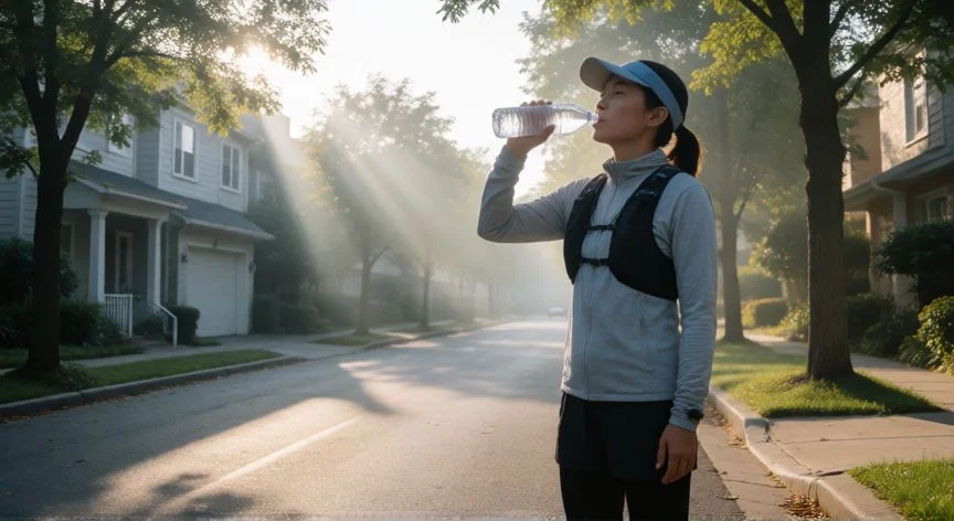 Corredor bebiendo agua en ayunas antes de salir a correr por la mañana