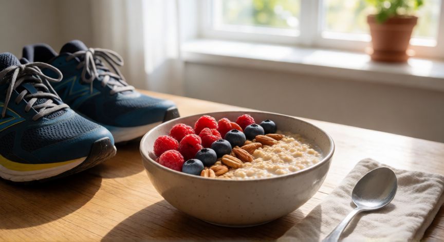 es mejor correr desayunado o sin desayunar, Desayuno saludable con avena y fruta antes de una sesión de carrera
