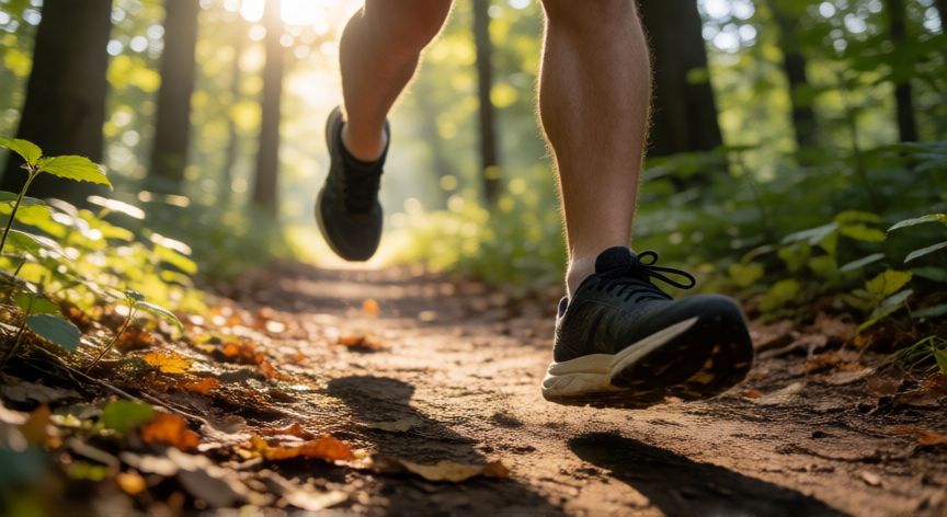 es mejor correr descalzo, Pies descalzos corriendo por un sendero de tierra y hojas