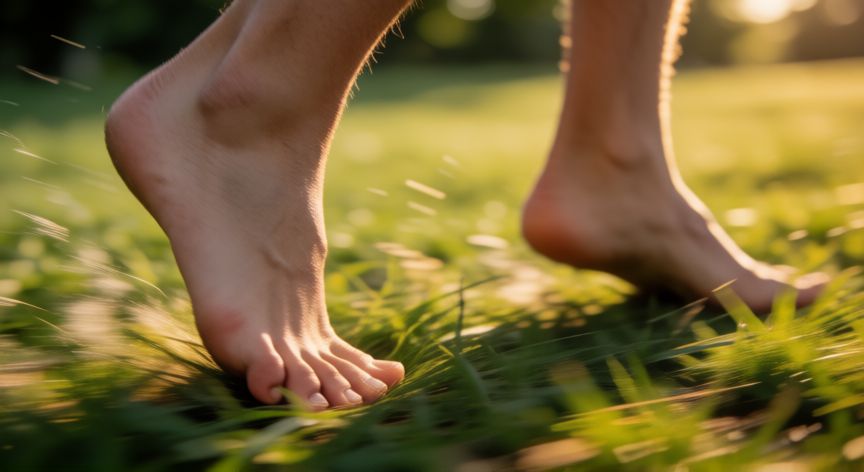es mejor correr descalzo o con zapatillas, Pies descalzos corriendo sobre césped con luz dorada