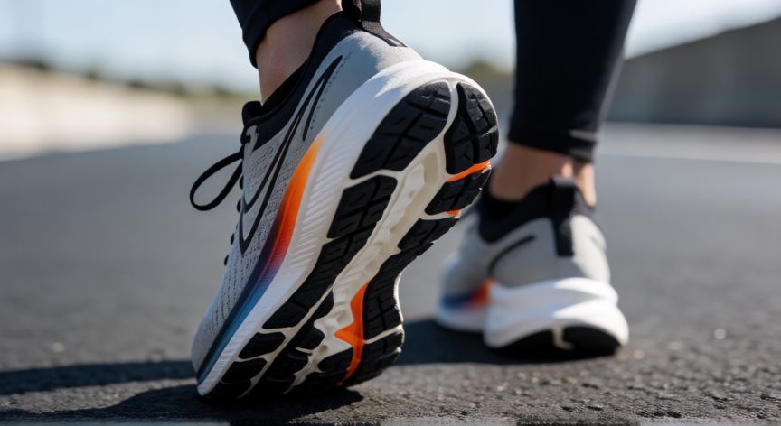 es mejor correr descalzo o con zapatillas, Zapatillas de running modernas sobre asfalto en primer plano