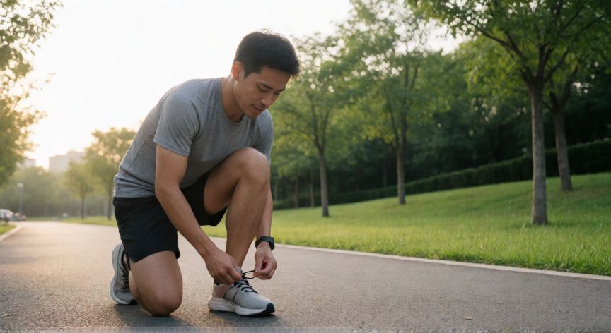 es mejor correr diario o cada tercer dia, Corredor descansando y estirándose en un parque durante la mañana