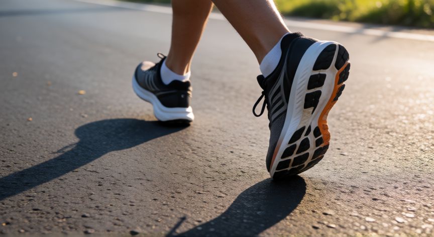 es mejor correr en asfalto o tierra, Detalle de zapatillas de correr en superficie de asfalto