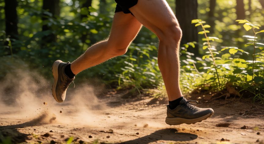 es mejor correr en asfalto o tierra, Corredor en movimiento sobre un camino de tierra en la naturaleza