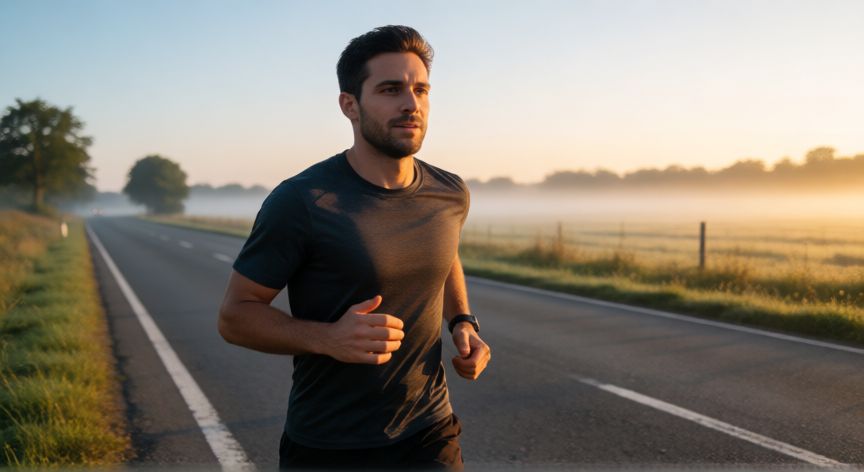 es mejor correr en ayunas, Corredor realizando una carrera suave al amanecer en estado de ayunas