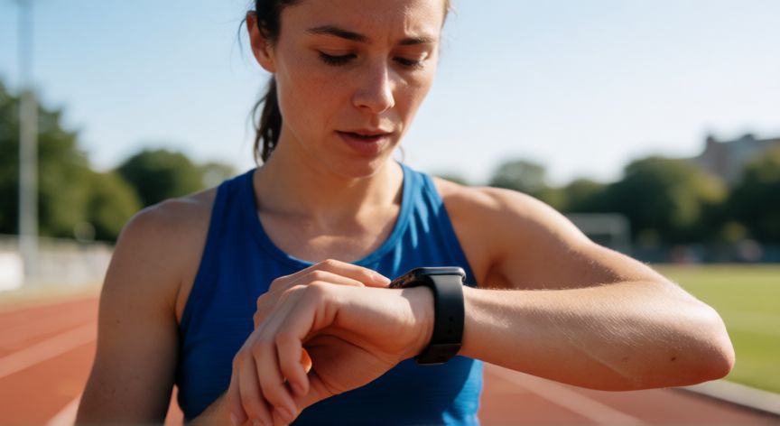 es mejor correr en ayunas, Atleta revisando su pulso mostrando signos de fatiga o baja glucosa durante el entrenamiento