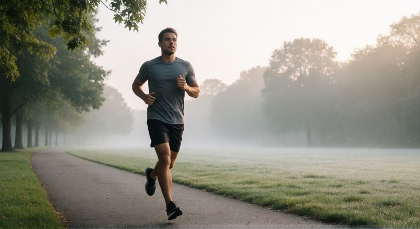 es mejor correr en ayunas o desayunado, Corredor en ayunas al amanecer en un parque tranquilo