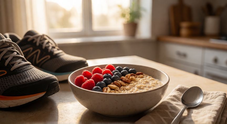 es mejor correr en ayunas o despues de desayunar, Desayuno saludable antes de salir a correr con zapatillas deportivas al lado