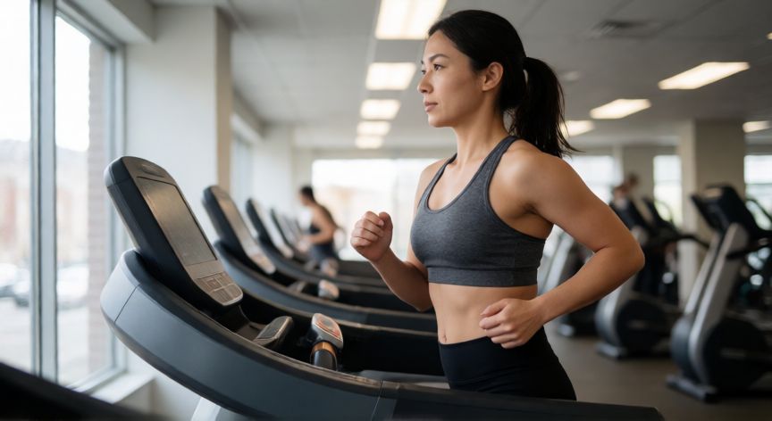 es mejor correr en cinta o al aire libre, Mujer corriendo en cinta de gimnasio con ropa deportiva