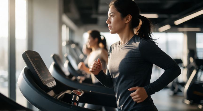 es mejor correr en cinta o en la calle, Hombre corriendo en cinta de gimnasio con esfuerzo