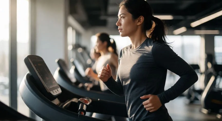 Corredor entrenando en cinta de gimnasio con luz natural