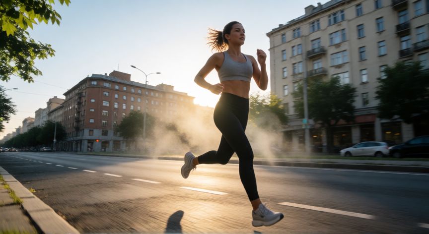es mejor correr en cinta o en la calle, Mujer corriendo por la calle urbana al amanecer