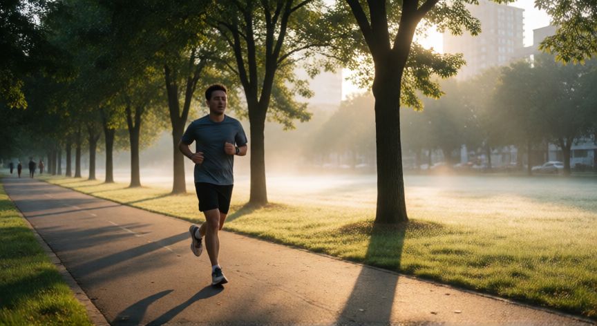 es mejor correr en la mañana o en la noche, Corredor entrenando en un parque durante el amanecer
