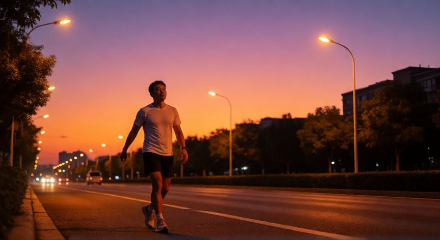 es mejor correr en la mañana o en la noche, Corredor estirando en la calle al atardecer