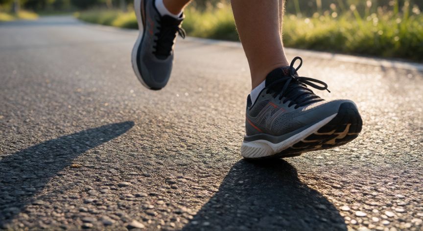 es mejor correr en maquina o al aire libre, Pie de corredor impactando el asfalto en una ruta al aire libre
