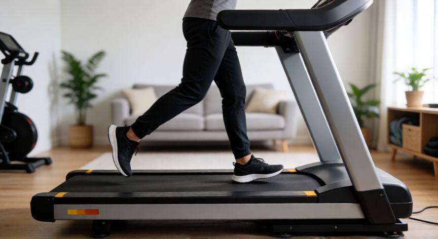 es mejor correr en maquina o al aire libre, Persona corriendo en una cinta de correr moderna en casa