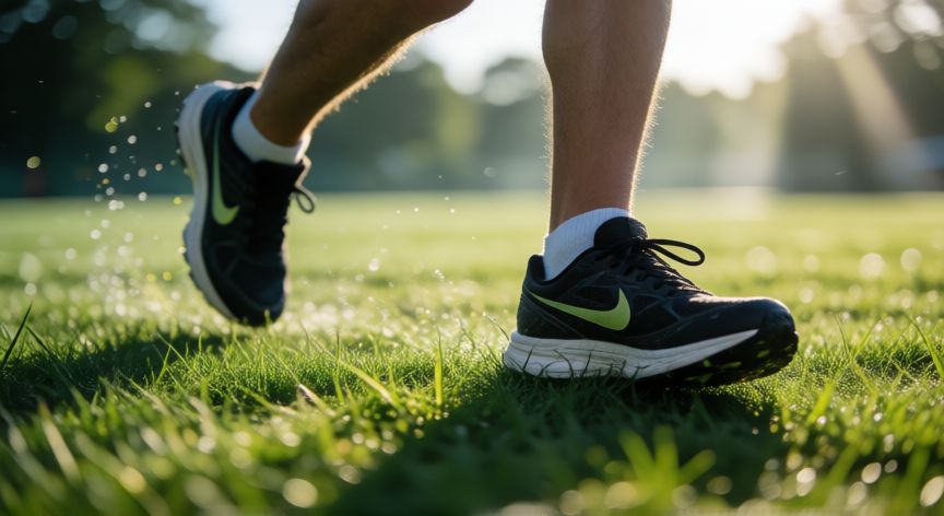 es mejor correr en pasto o cemento, Pies de un corredor pisando césped verde mostrando la amortiguación natural