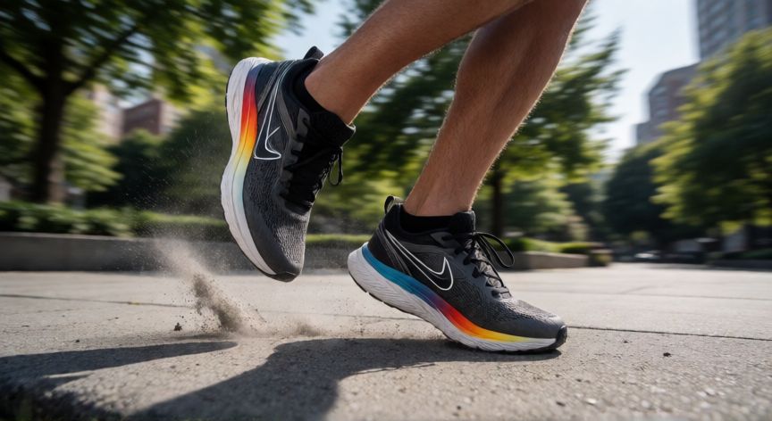 es mejor correr en pasto o cemento, Zapatillas de correr impactando contra una superficie dura de hormigón en un parque urbano