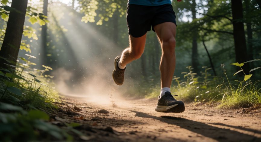 es mejor correr en tierra o en cemento, Corredor en una pista de tierra rodeada de naturaleza con luz matutina