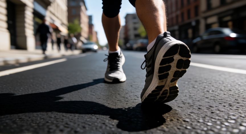 es mejor correr en tierra o en cemento, Primer plano de pies corriendo sobre asfalto urbano con sombra marcada