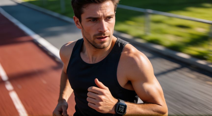 es mejor correr en zona 2 o zona 3, Atleta concentrado en entrenamiento de zona 3 con monitor de pulsaciones