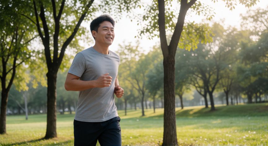 es mejor correr lento o rapido, Corredor practicando trote suave en un parque con luz de amanecer